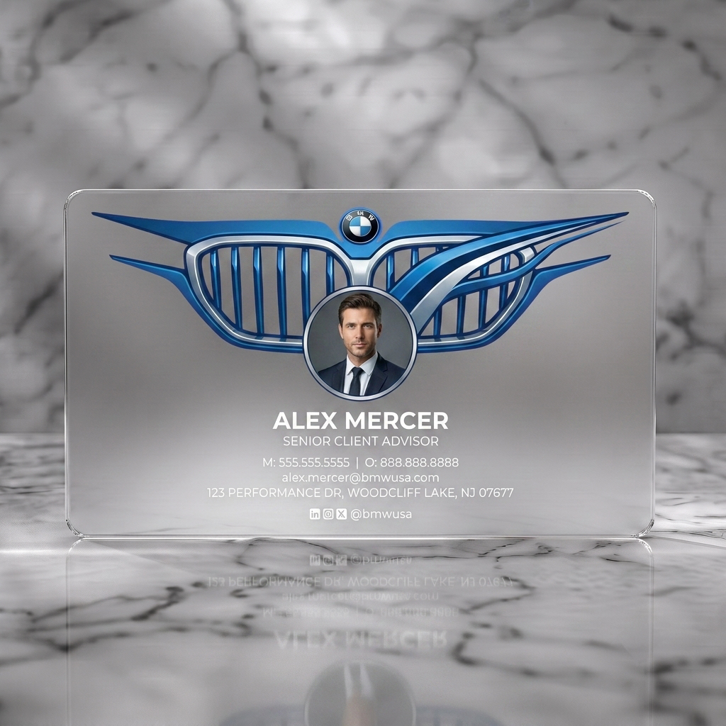 Frosted translucent plastic business card featuring stylized BMW grille, prominent logo, professional photo, clean white text, and social media icons