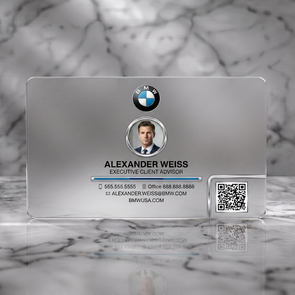 Frosted translucent plastic business card featuring bMW logo, professional photo, crisp white text, metallic accents, and contact icons