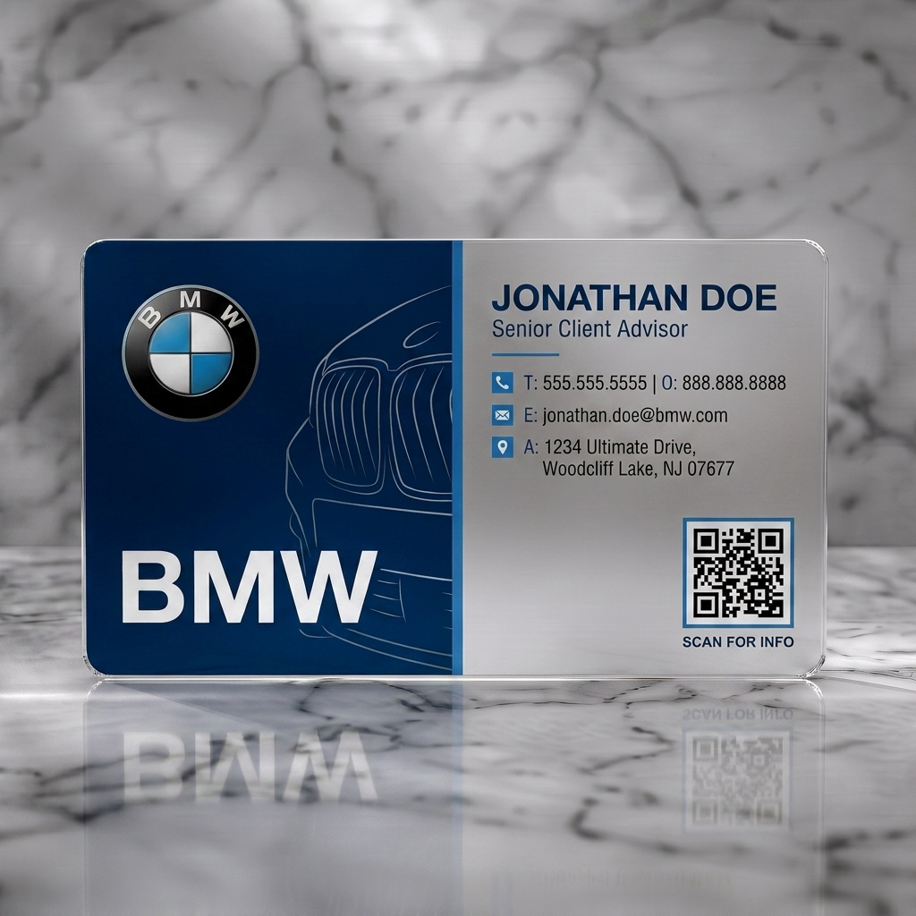 Frosted translucent plastic business card featuring modern split design, BMW logo, car graphic, corporate blue & silver, clean typography & QR code