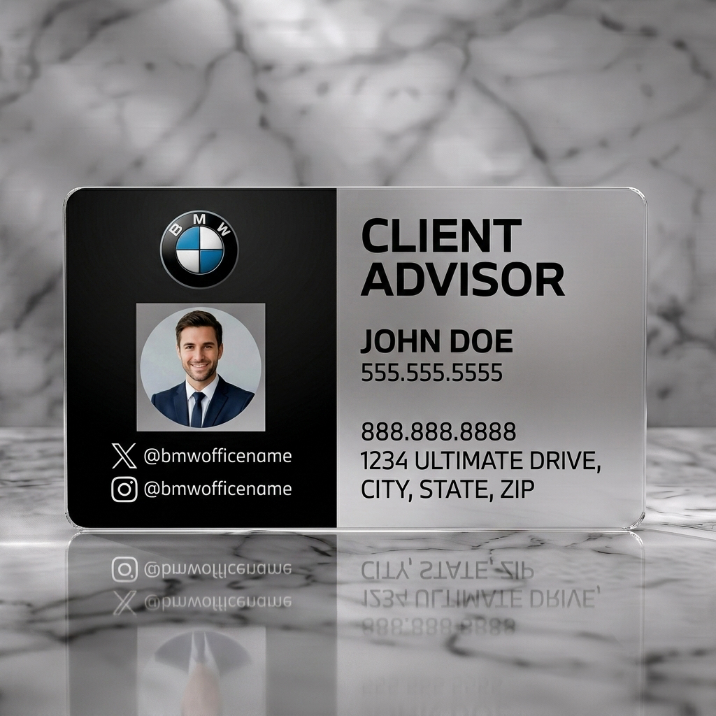 Frosted translucent plastic business card featuring a modern, two-tone design with BMW branding, professional photo, sans-serif typography, and social icons