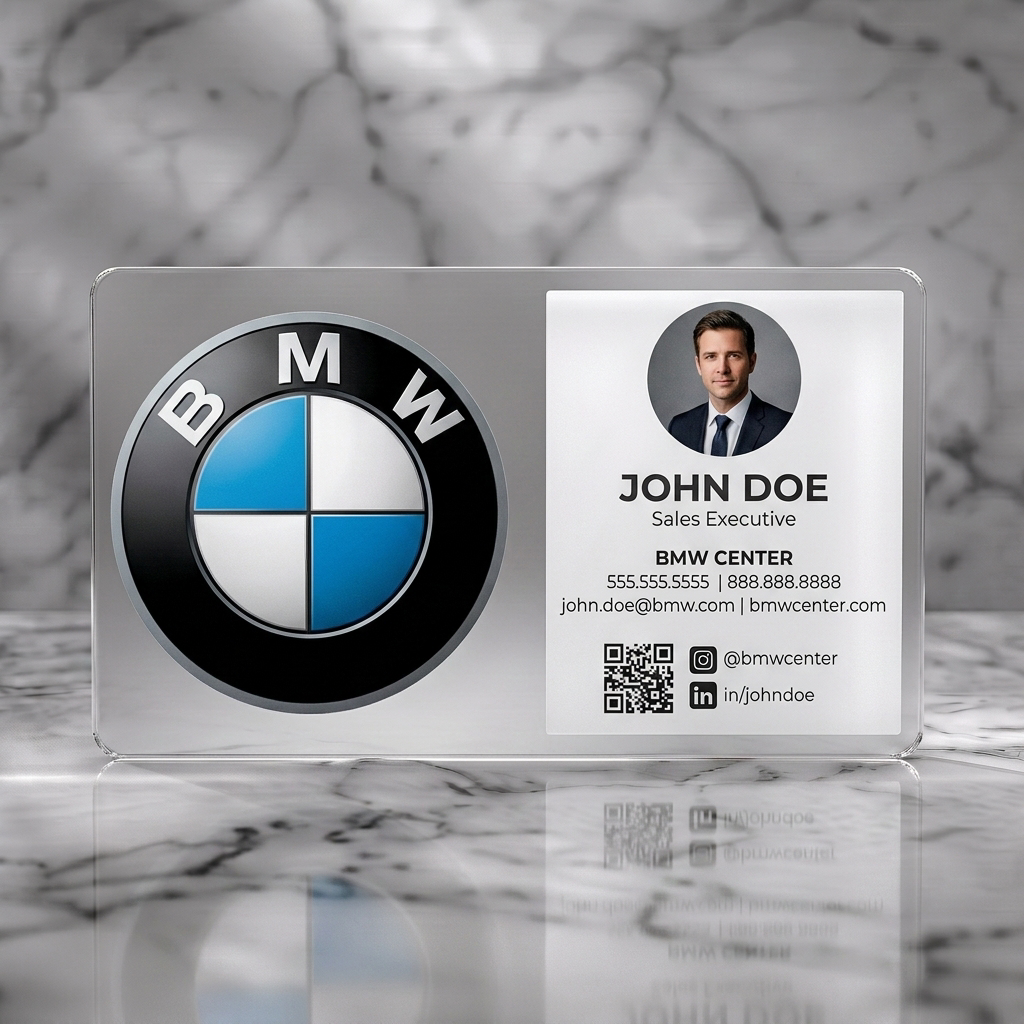 Frosted translucent plastic business card featuring clean, modern design showcasing BMW logo, professional sans-serif text, and social media icons