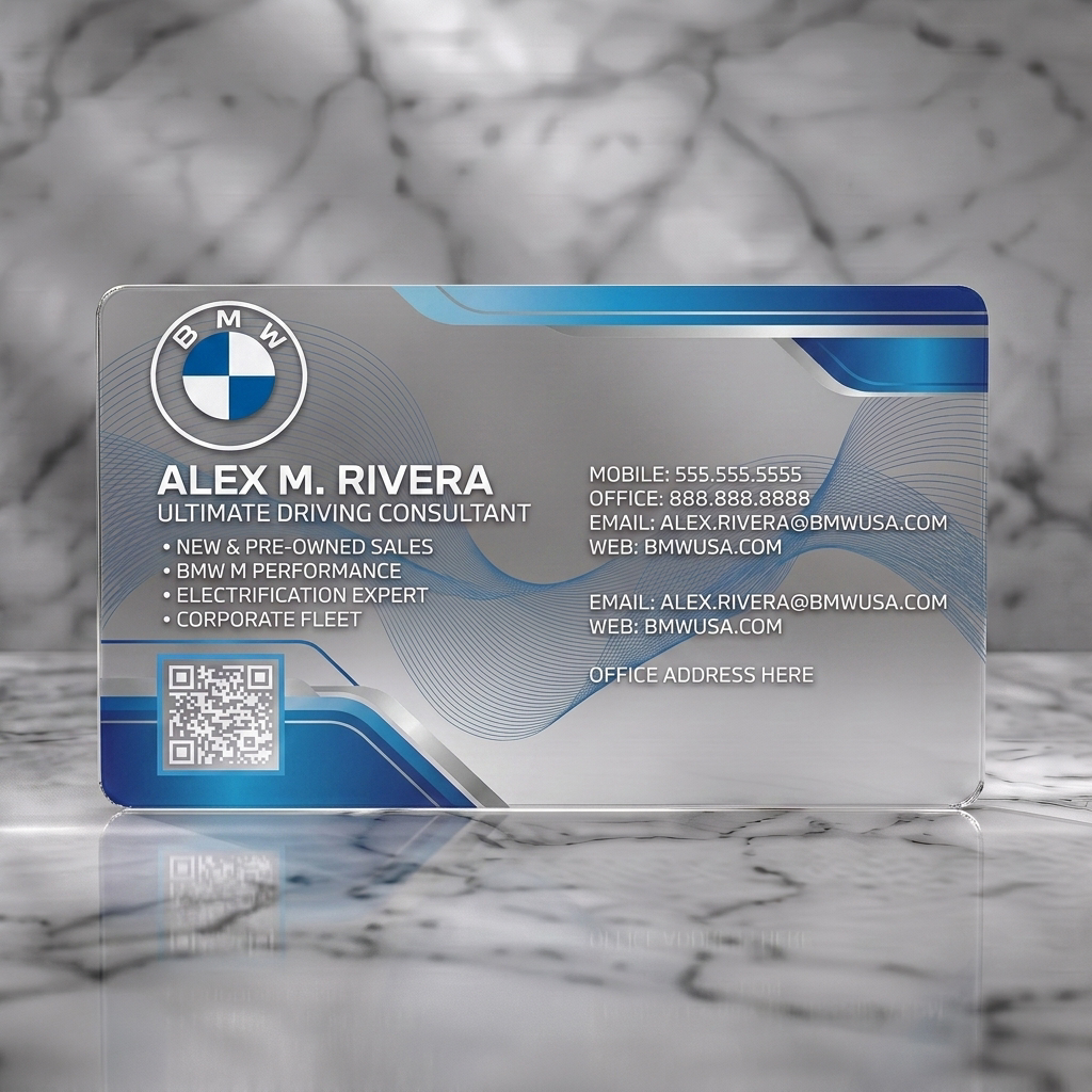 Frosted translucent plastic business card featuring bMW logo, white typography, dynamic blue/silver gradients, and a QR code