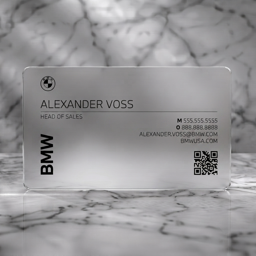 Frosted translucent plastic business card featuring minimalist BMW design, sans-serif typography, monochrome color scheme, and QR code