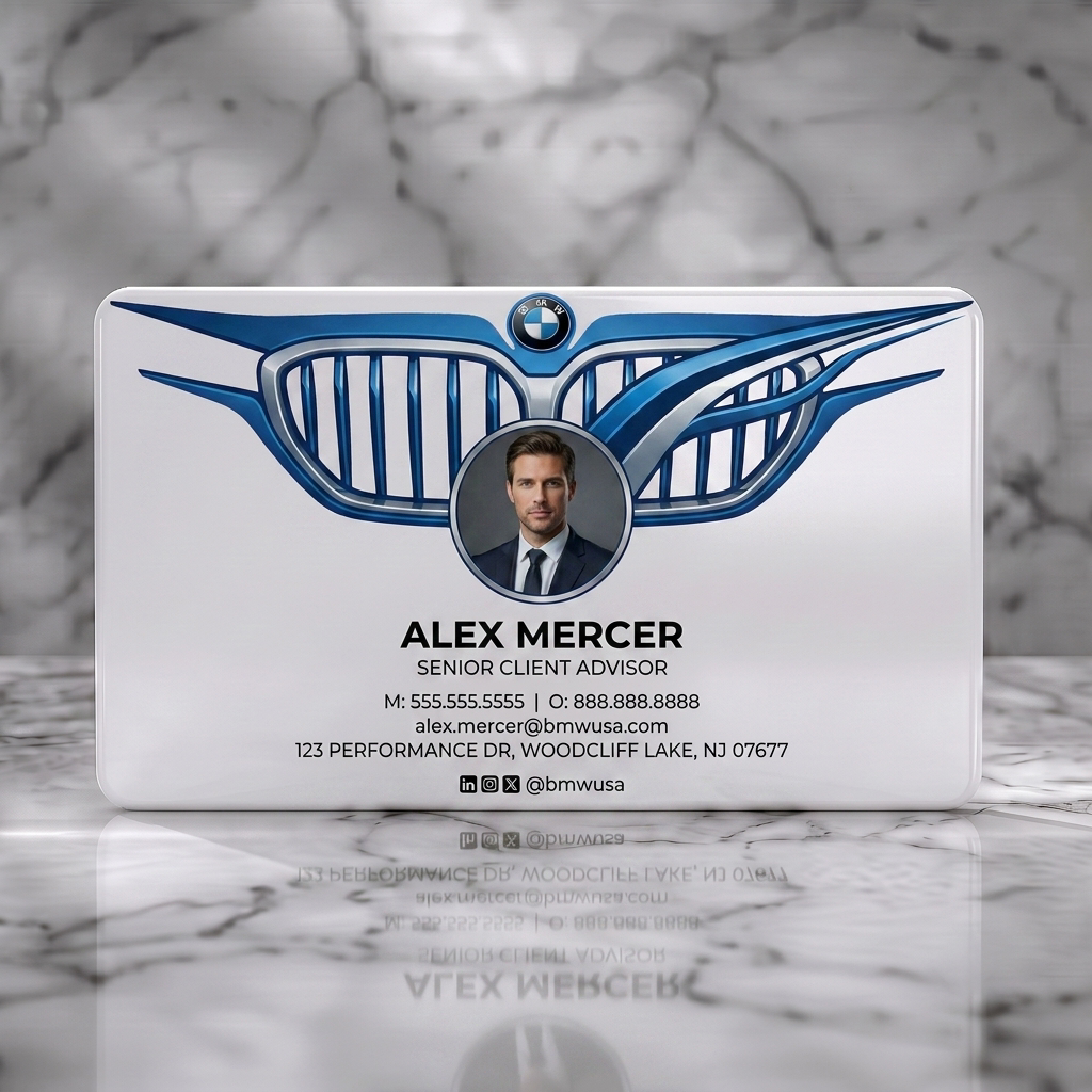 Solid white PVC business card featuring stylized BMW grille, prominent logo, professional photo, clean white text, and social media icons