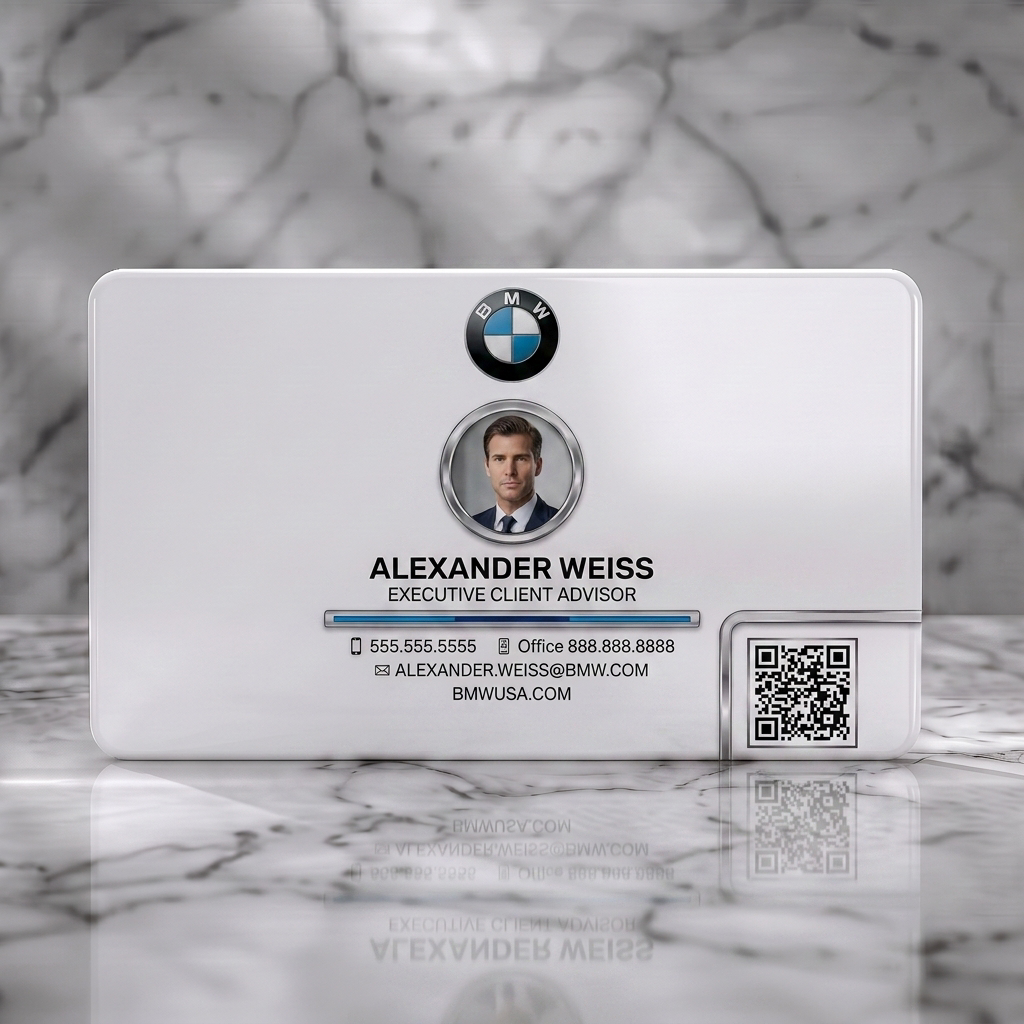 Solid white PVC business card featuring bMW logo, professional photo, crisp white text, metallic accents, and contact icons