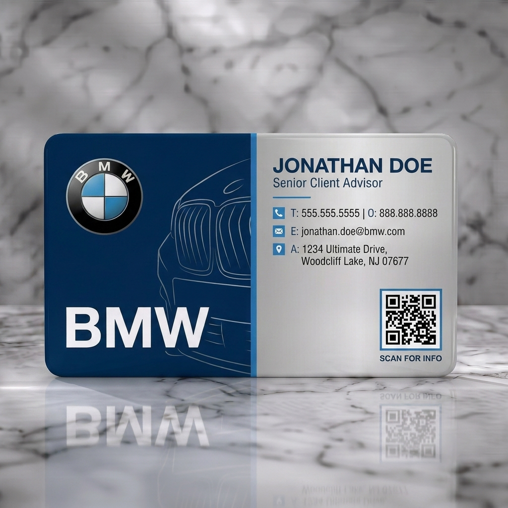 Solid white PVC business card featuring modern split design, BMW logo, car graphic, corporate blue & silver, clean typography & QR code
