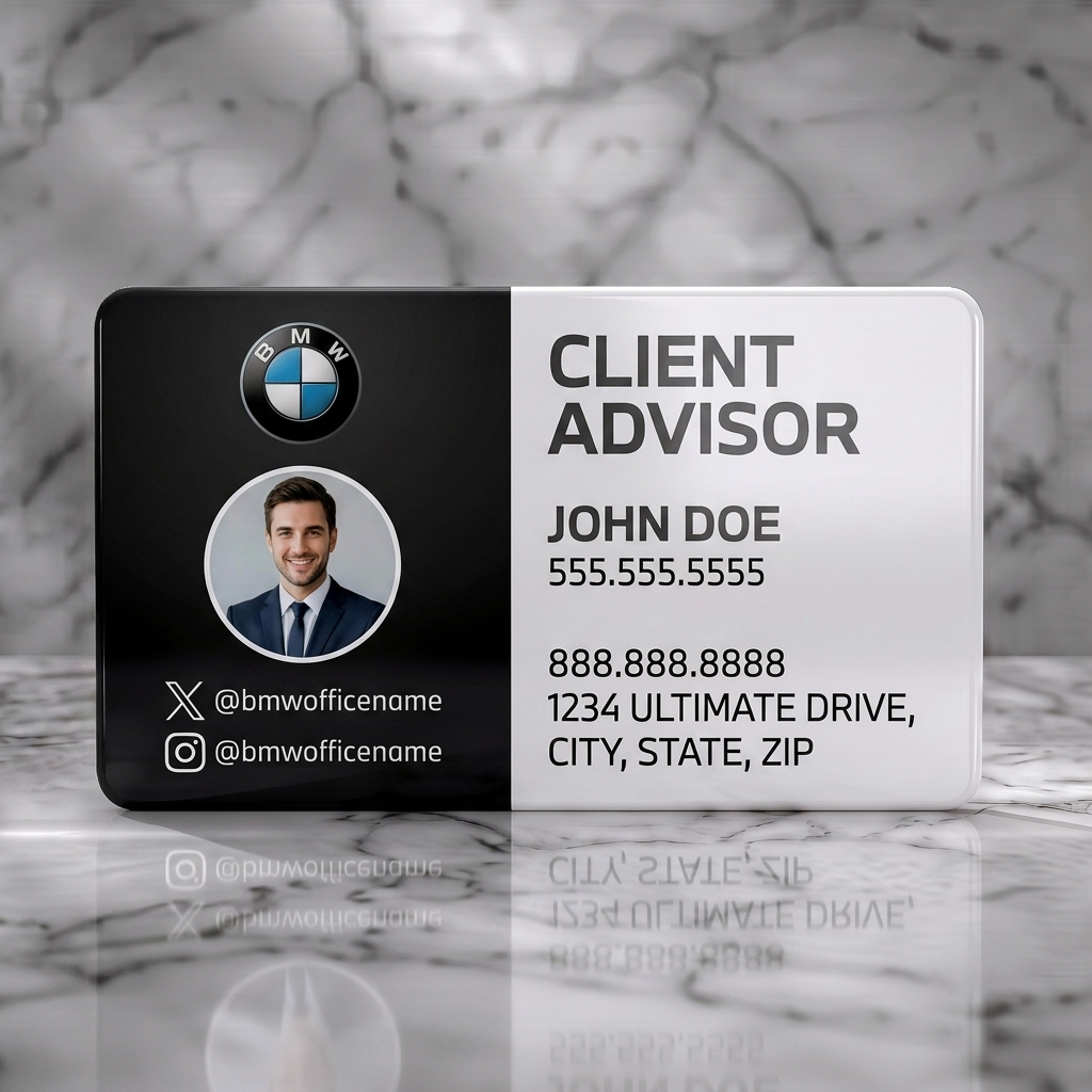 Solid white PVC business card featuring a modern, two-tone design with BMW branding, professional photo, sans-serif typography, and social icons
