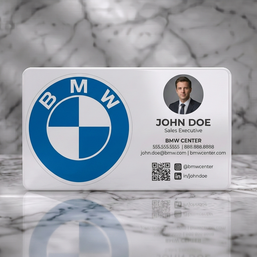 Solid white PVC business card featuring clean, modern design showcasing BMW logo, professional sans-serif text, and social media icons