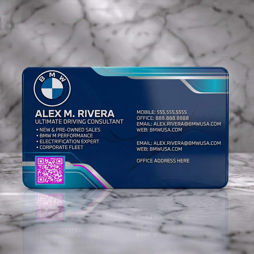 Solid white PVC business card featuring bMW logo, white typography, dynamic blue/silver gradients, and a QR code