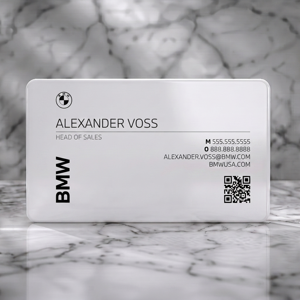 Solid white PVC business card featuring minimalist BMW design, sans-serif typography, monochrome color scheme, and QR code