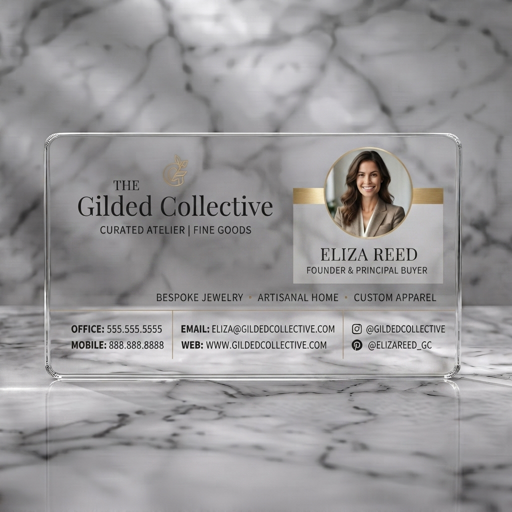 Clear plastic business card featuring elegant gold and purple branding, serif typography, professional photo, leaf & social icons