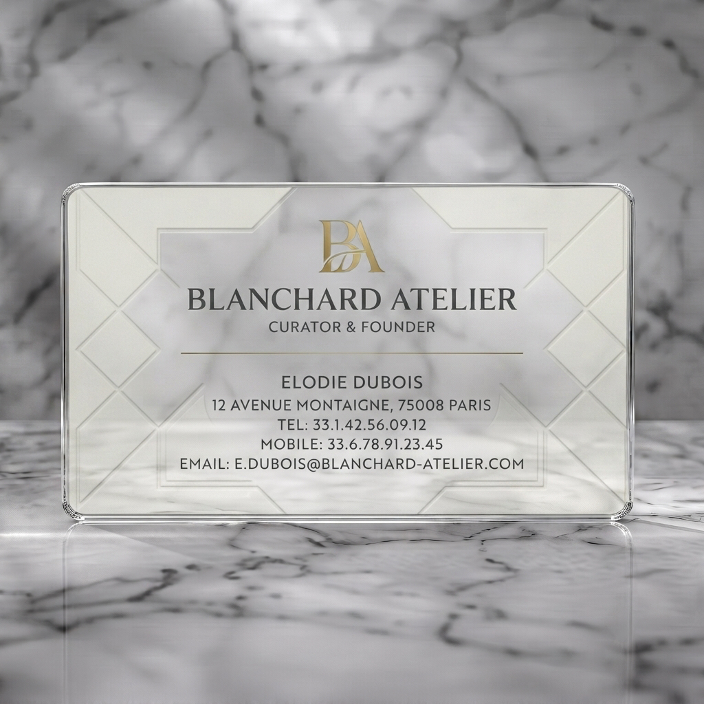 Clear plastic business card featuring an elegant, minimalist design with gold foil logo, cream background, and geometric patterns