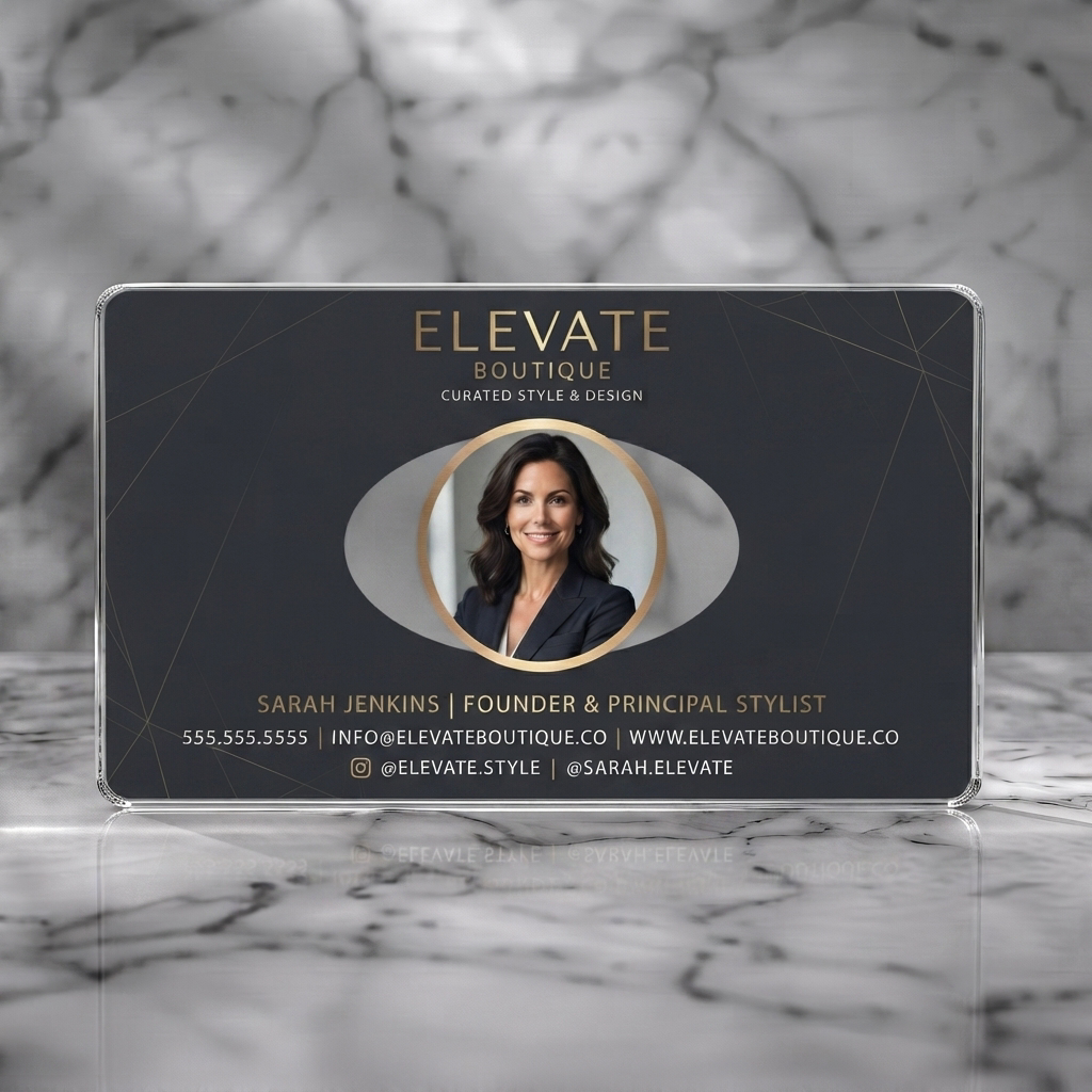 Clear plastic business card featuring modern dark grey and gold design, elegant typography, geometric lines, and an Instagram icon
