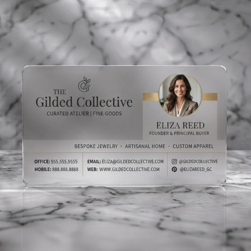 Frosted translucent plastic business card featuring elegant gold and purple branding, serif typography, professional photo, leaf & social icons