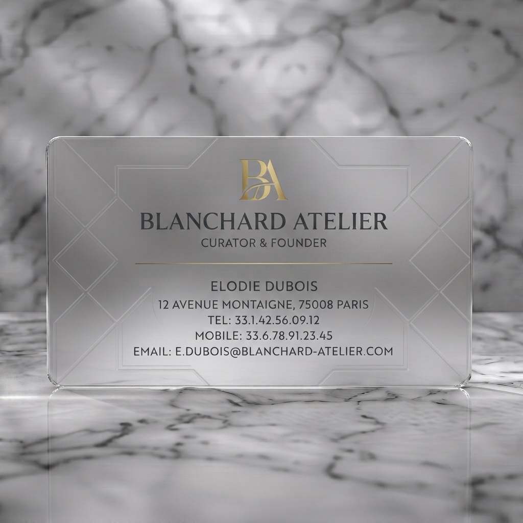 Frosted translucent plastic business card featuring an elegant, minimalist design with gold foil logo, cream background, and geometric patterns