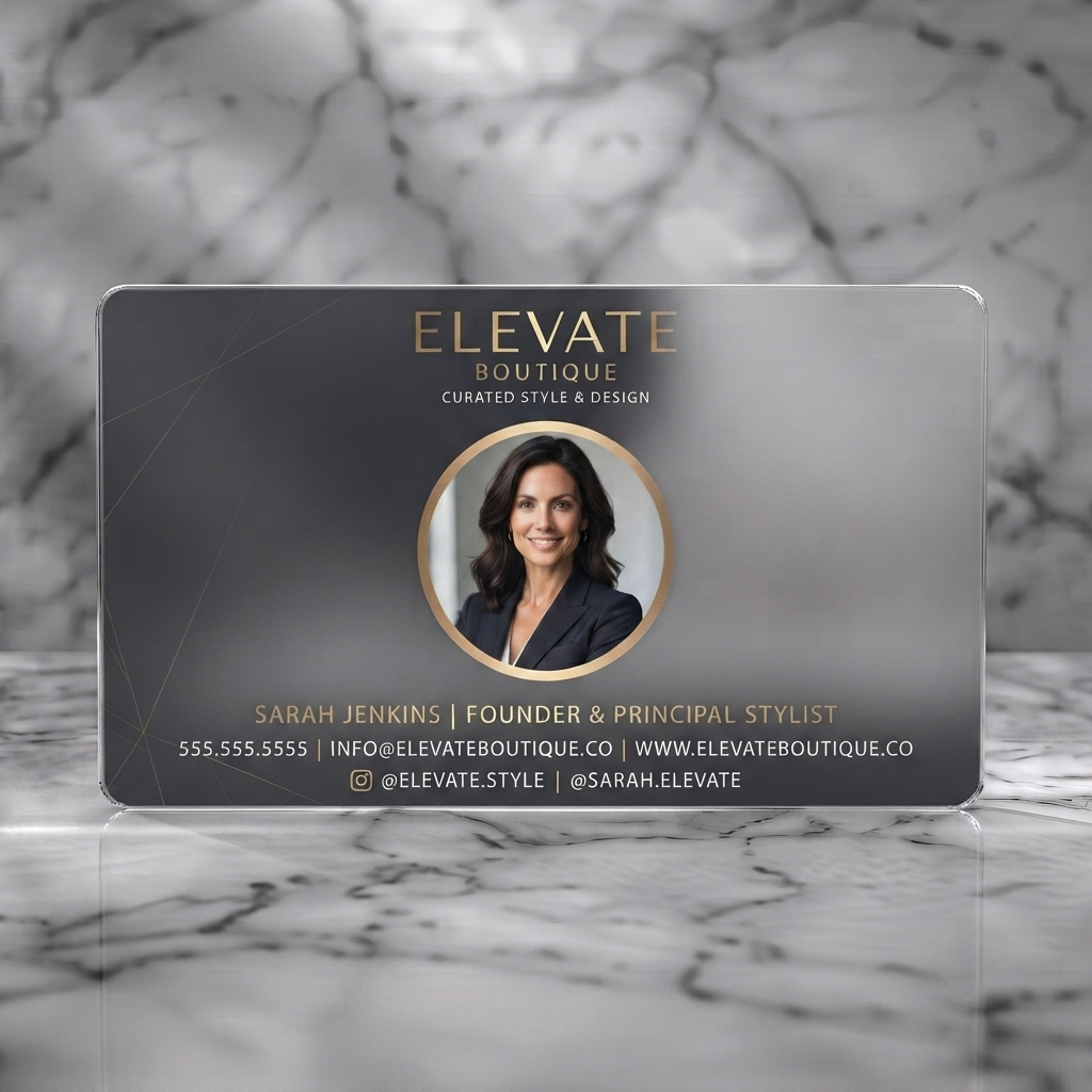 Frosted translucent plastic business card featuring modern dark grey and gold design, elegant typography, geometric lines, and an Instagram icon