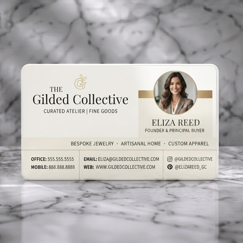 Solid white PVC business card featuring elegant gold and purple branding, serif typography, professional photo, leaf & social icons