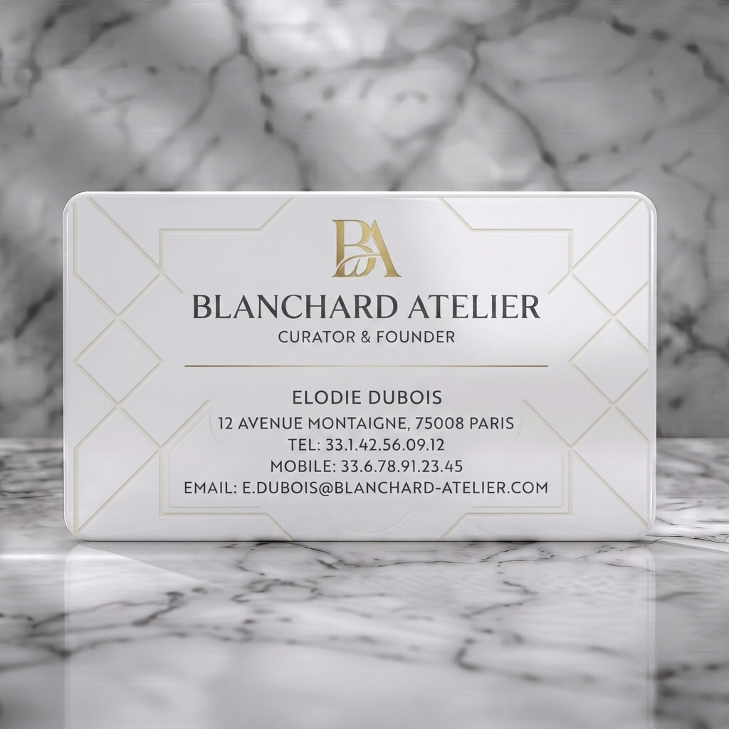 Solid white PVC business card featuring an elegant, minimalist design with gold foil logo, cream background, and geometric patterns