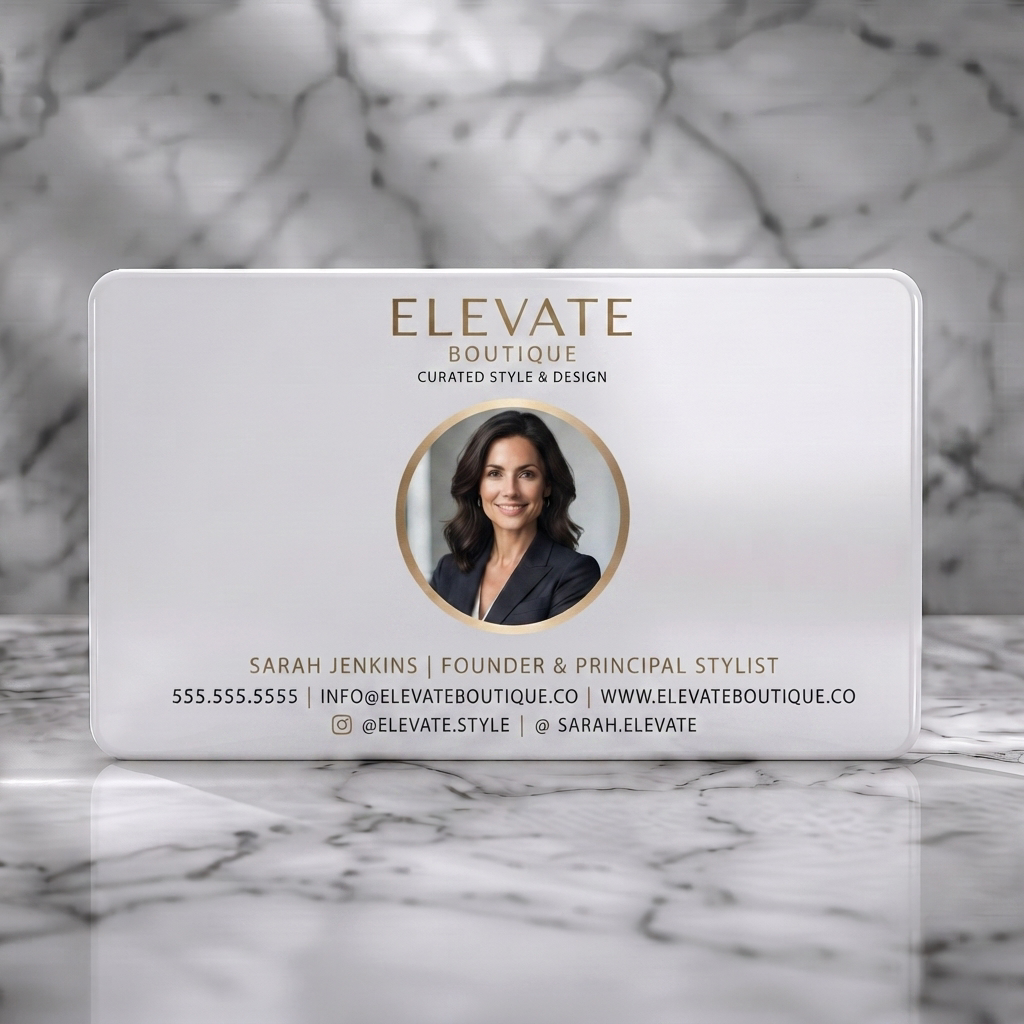 Solid white PVC business card featuring modern dark grey and gold design, elegant typography, geometric lines, and an Instagram icon