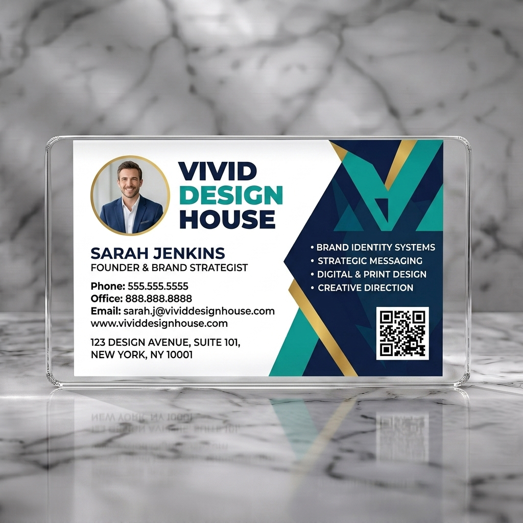 Clear plastic business card featuring modern geometric style, navy, teal, gold palette, bold sans-serif typography, and a QR code