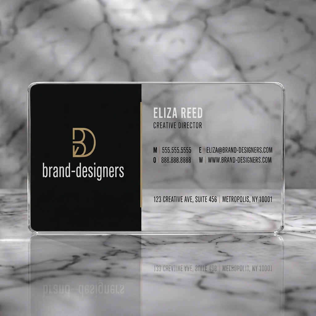 Clear plastic business card featuring modern, minimalist black, white & gold design with a clean sans-serif typeface, BD monogram, and subtle icons