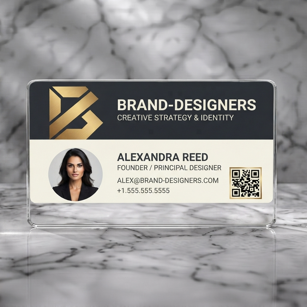 Clear plastic business card featuring geometric gold B logo, modern sans-serif type, charcoal/cream layout, circular photo, and QR code