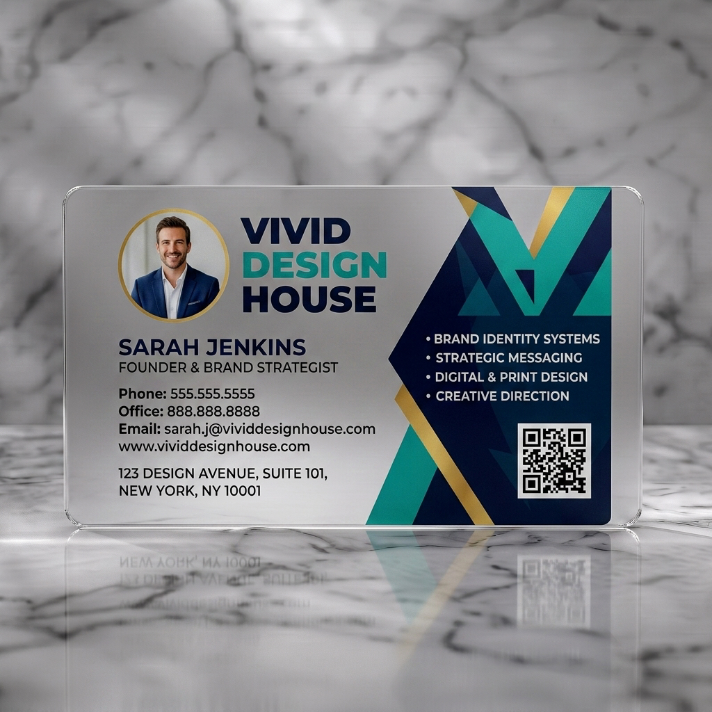Frosted translucent plastic business card featuring modern geometric style, navy, teal, gold palette, bold sans-serif typography, and a QR code