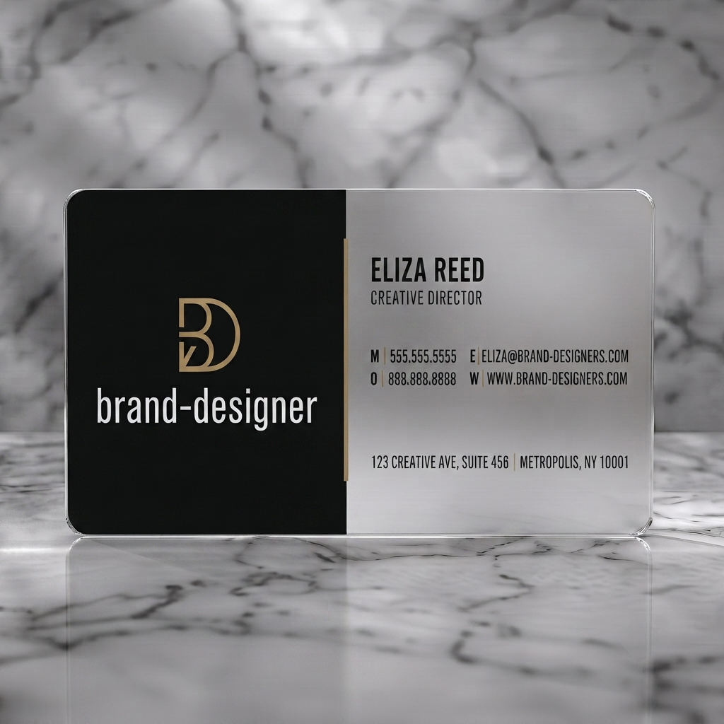 Frosted translucent plastic business card featuring modern, minimalist black, white & gold design with a clean sans-serif typeface, BD monogram, and subtle icons