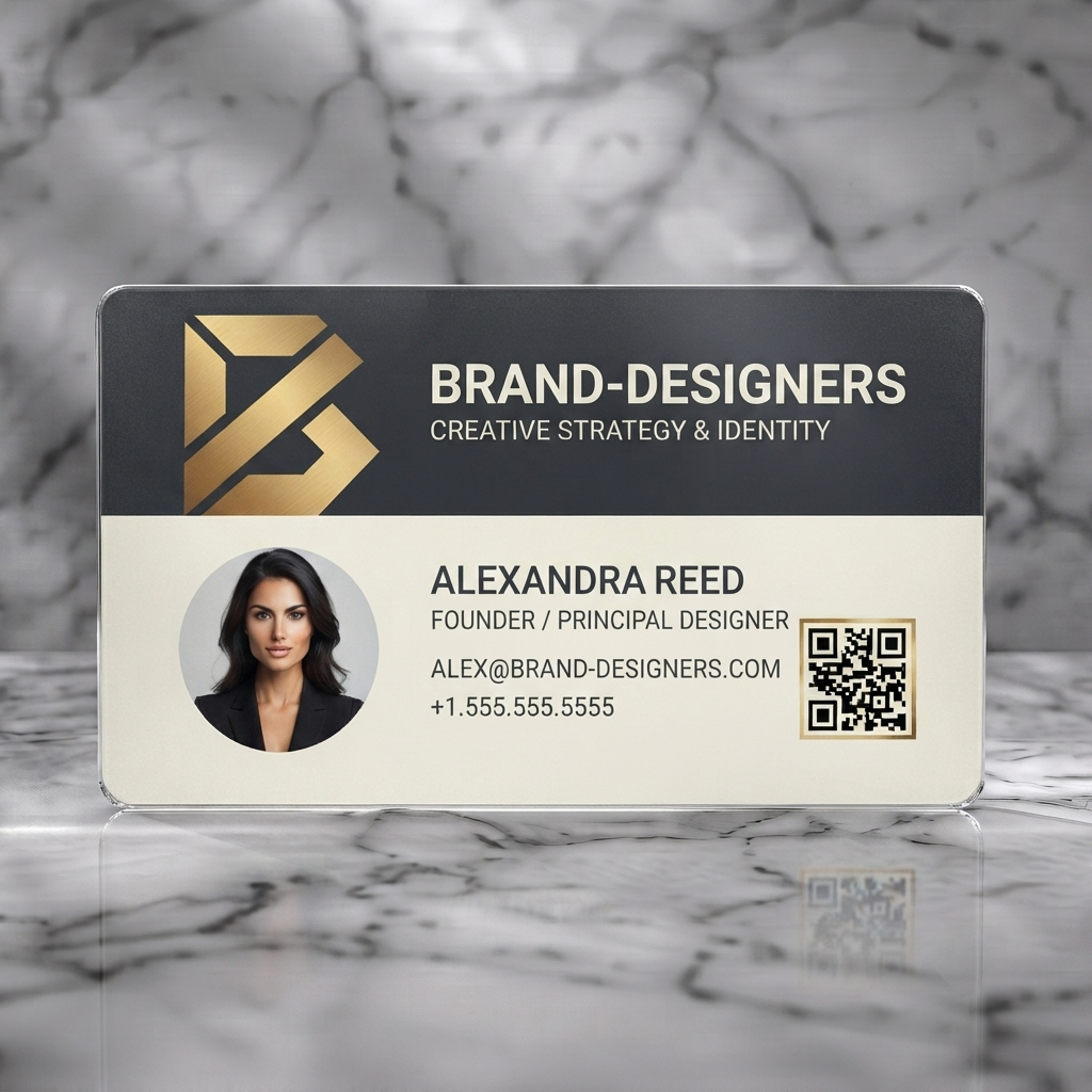 Frosted translucent plastic business card featuring geometric gold B logo, modern sans-serif type, charcoal/cream layout, circular photo, and QR code