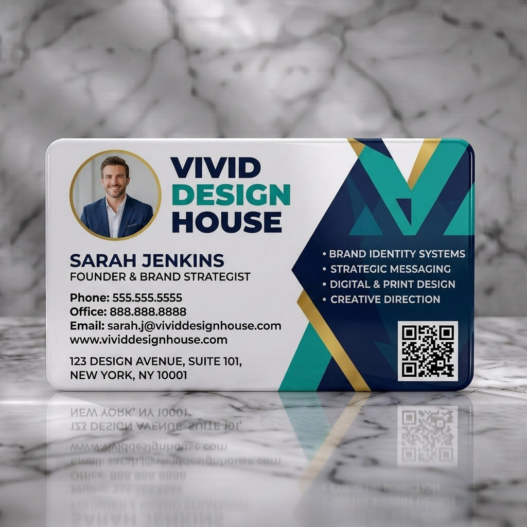 Solid white PVC business card featuring modern geometric style, navy, teal, gold palette, bold sans-serif typography, and a QR code