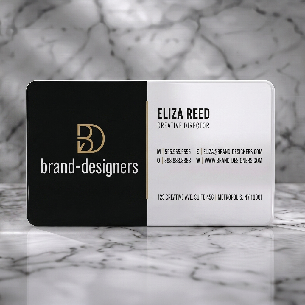 Solid white PVC business card featuring modern, minimalist black, white & gold design with a clean sans-serif typeface, BD monogram, and subtle icons