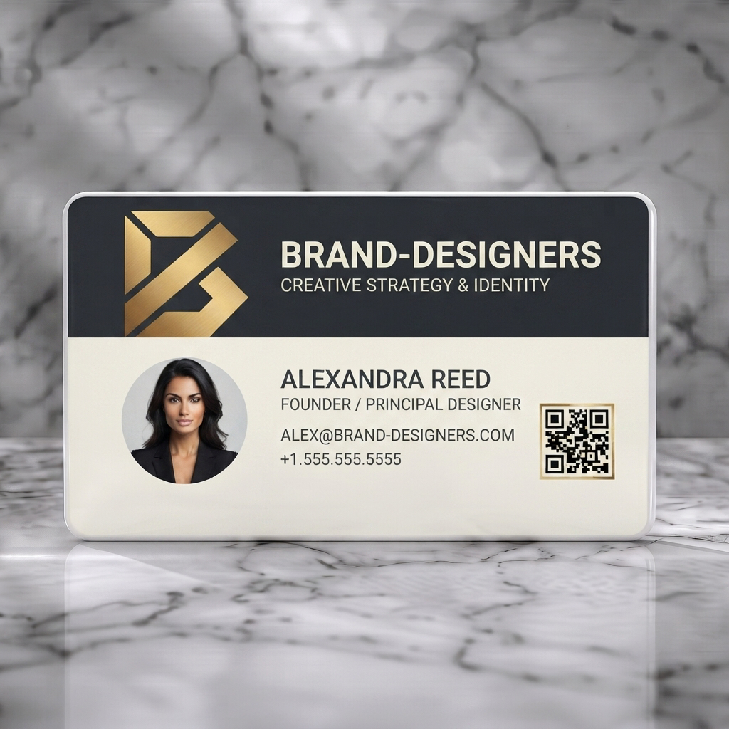 Solid white PVC business card featuring geometric gold B logo, modern sans-serif type, charcoal/cream layout, circular photo, and QR code