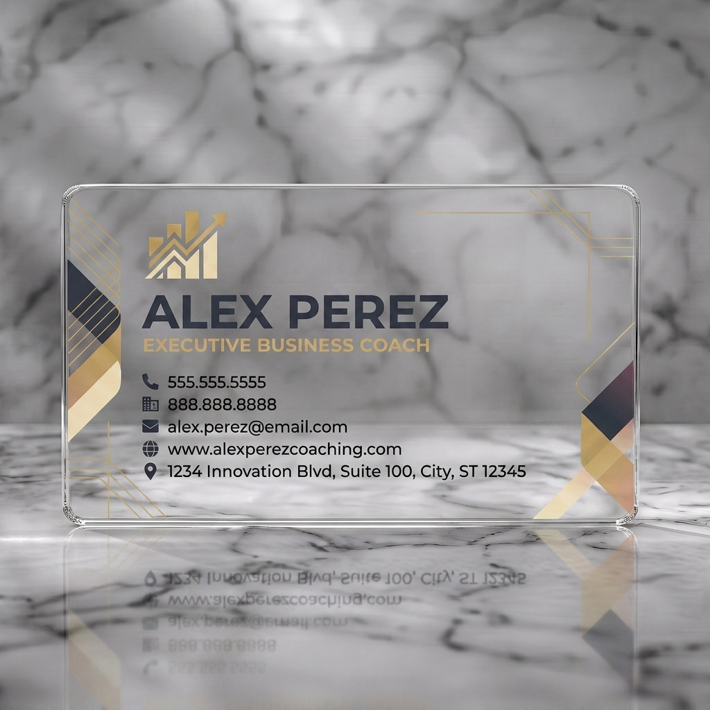 Clear plastic business card featuring geometric gold/black patterns, a gold growth logo, crisp sans-serif black and pink text
