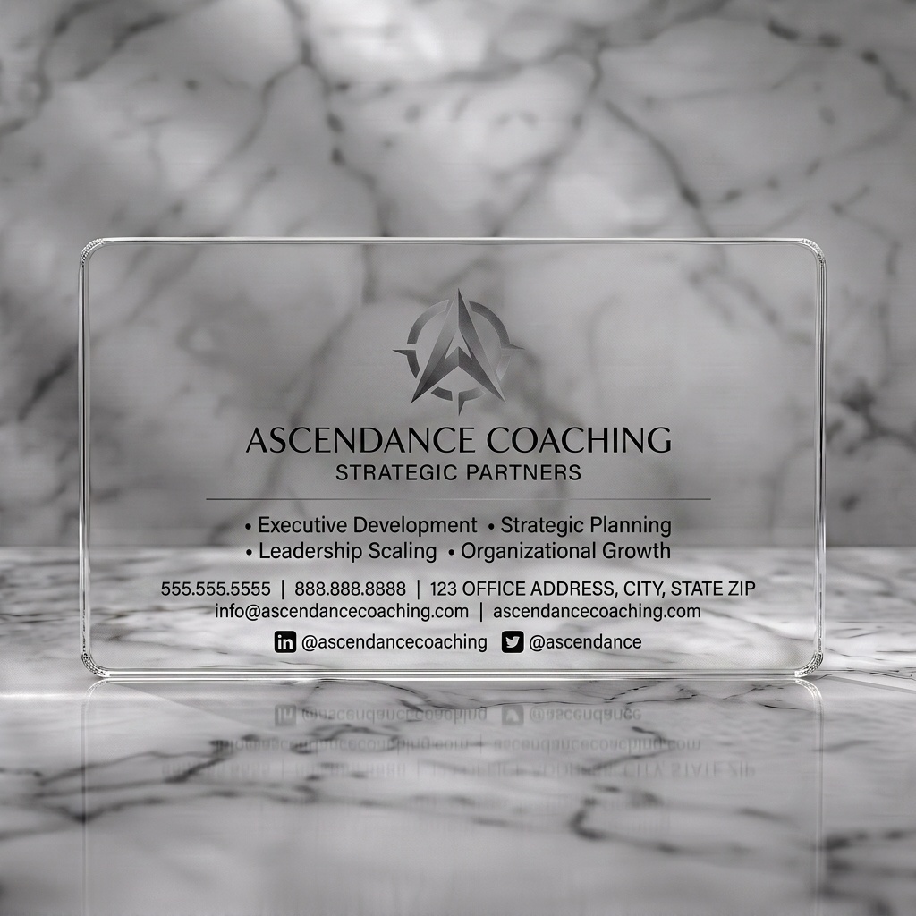 Clear plastic business card featuring clean, professional design with a metallic compass 'A' logo, elegant typography, and social icons