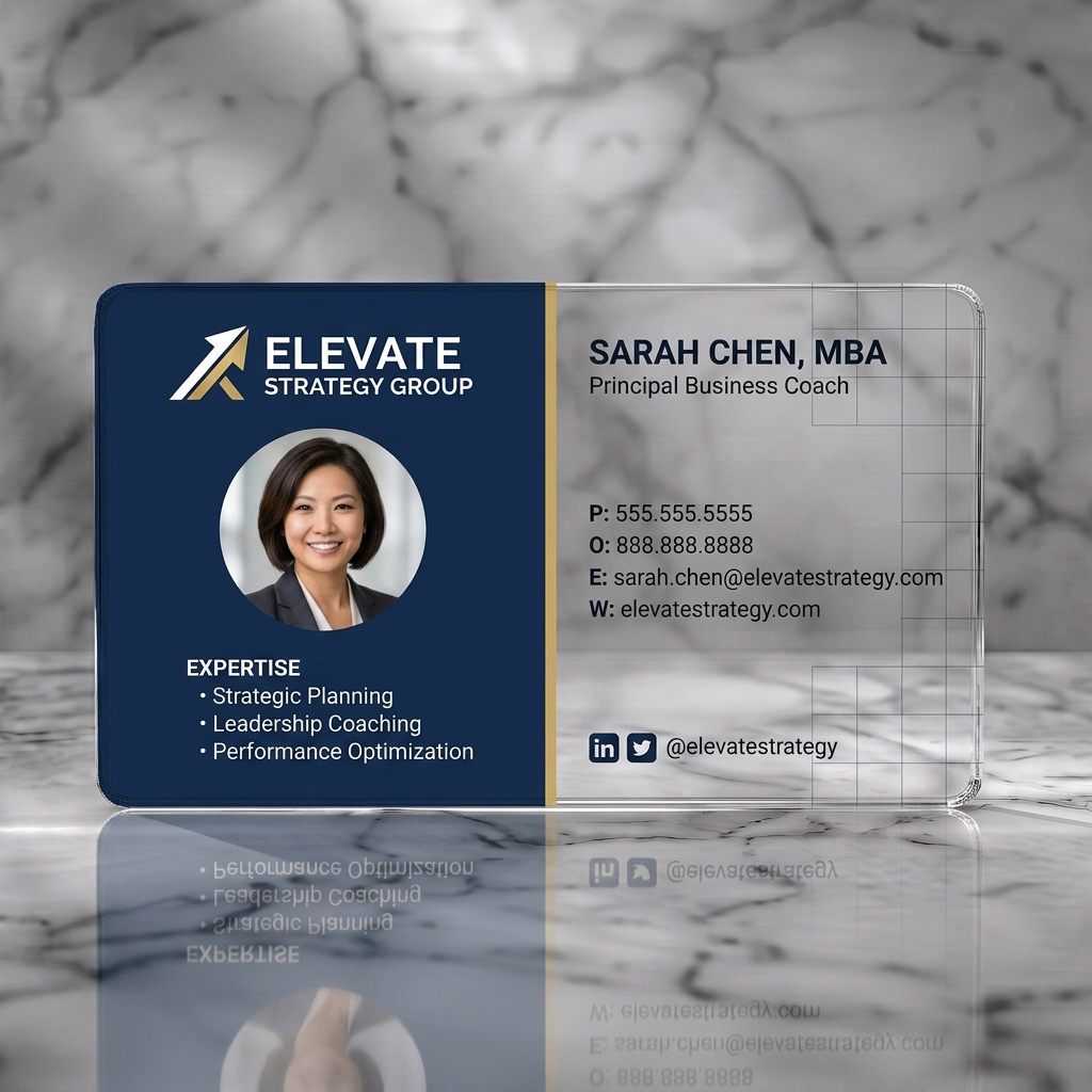 Clear plastic business card featuring a professional two-tone design in navy and light grey, gold logo accent, sans-serif typography, and social icons