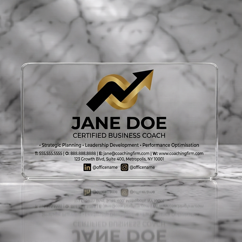 Clear plastic business card featuring a bold gold and dark gray growth logo, clean sans-serif typography, and social media icons