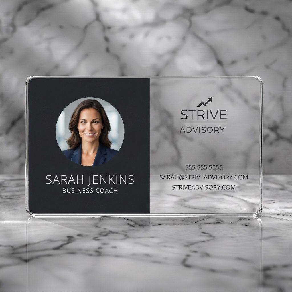 Clear plastic business card featuring clean, dual-tone design in charcoal and white, professional photo, sans-serif typography, and growth icon