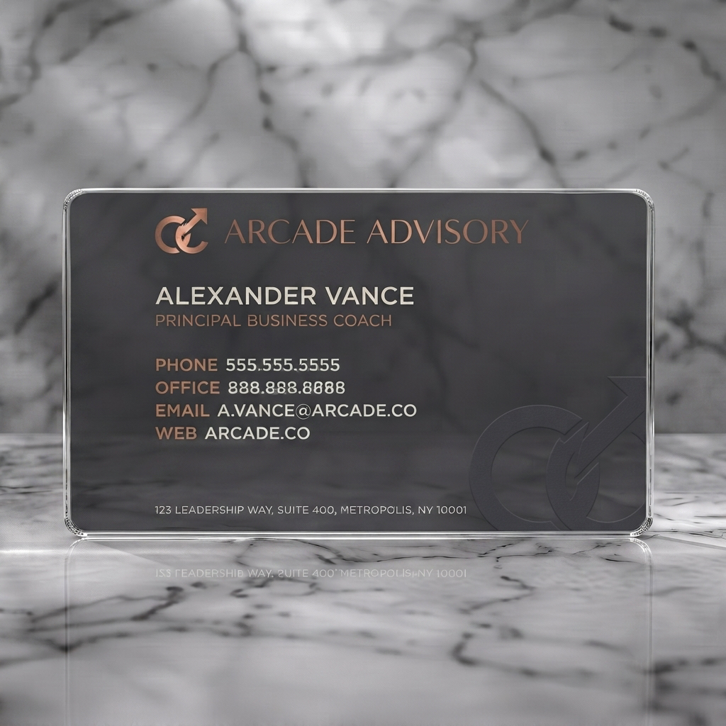 Clear plastic business card featuring modern charcoal and copper design, clean sans-serif fonts, and a subtle embossed growth logo