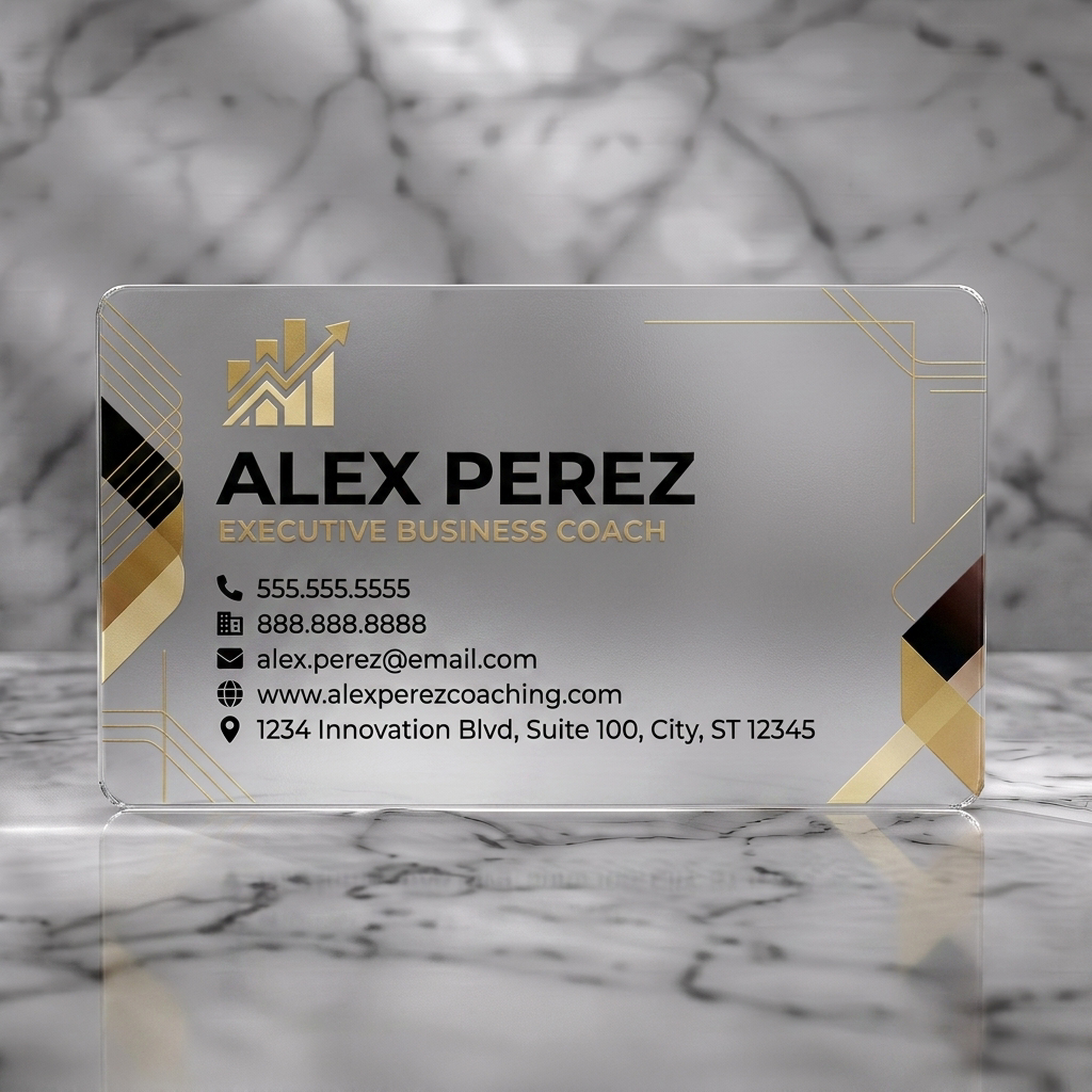 Frosted translucent plastic business card featuring geometric gold/black patterns, a gold growth logo, crisp sans-serif black and pink text