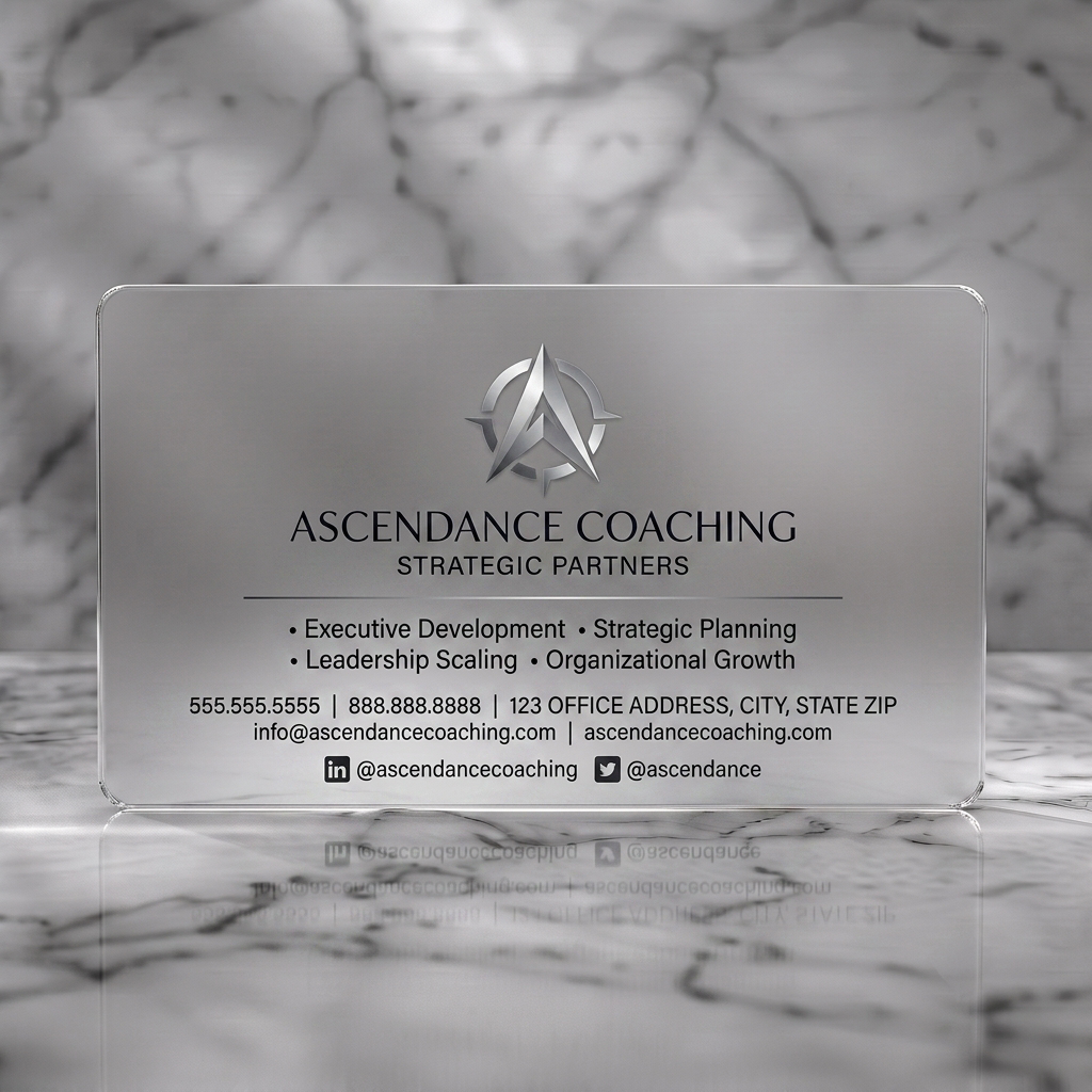 Frosted translucent plastic business card featuring clean, professional design with a metallic compass 'A' logo, elegant typography, and social icons