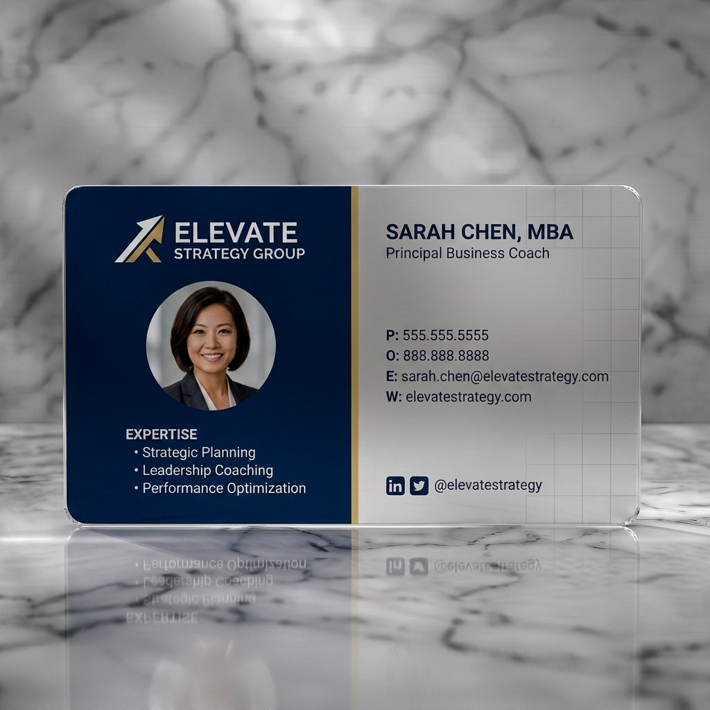 Frosted translucent plastic business card featuring a professional two-tone design in navy and light grey, gold logo accent, sans-serif typography, and social icons