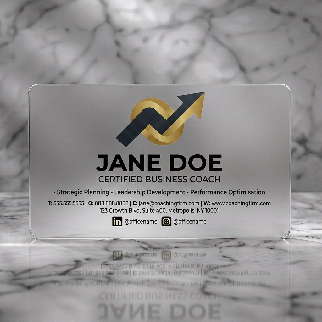 Frosted translucent plastic business card featuring a bold gold and dark gray growth logo, clean sans-serif typography, and social media icons