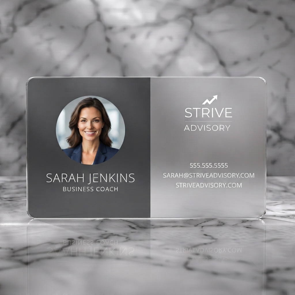 Frosted translucent plastic business card featuring clean, dual-tone design in charcoal and white, professional photo, sans-serif typography, and growth icon