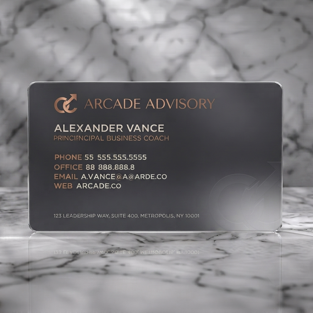 Frosted translucent plastic business card featuring modern charcoal and copper design, clean sans-serif fonts, and a subtle embossed growth logo