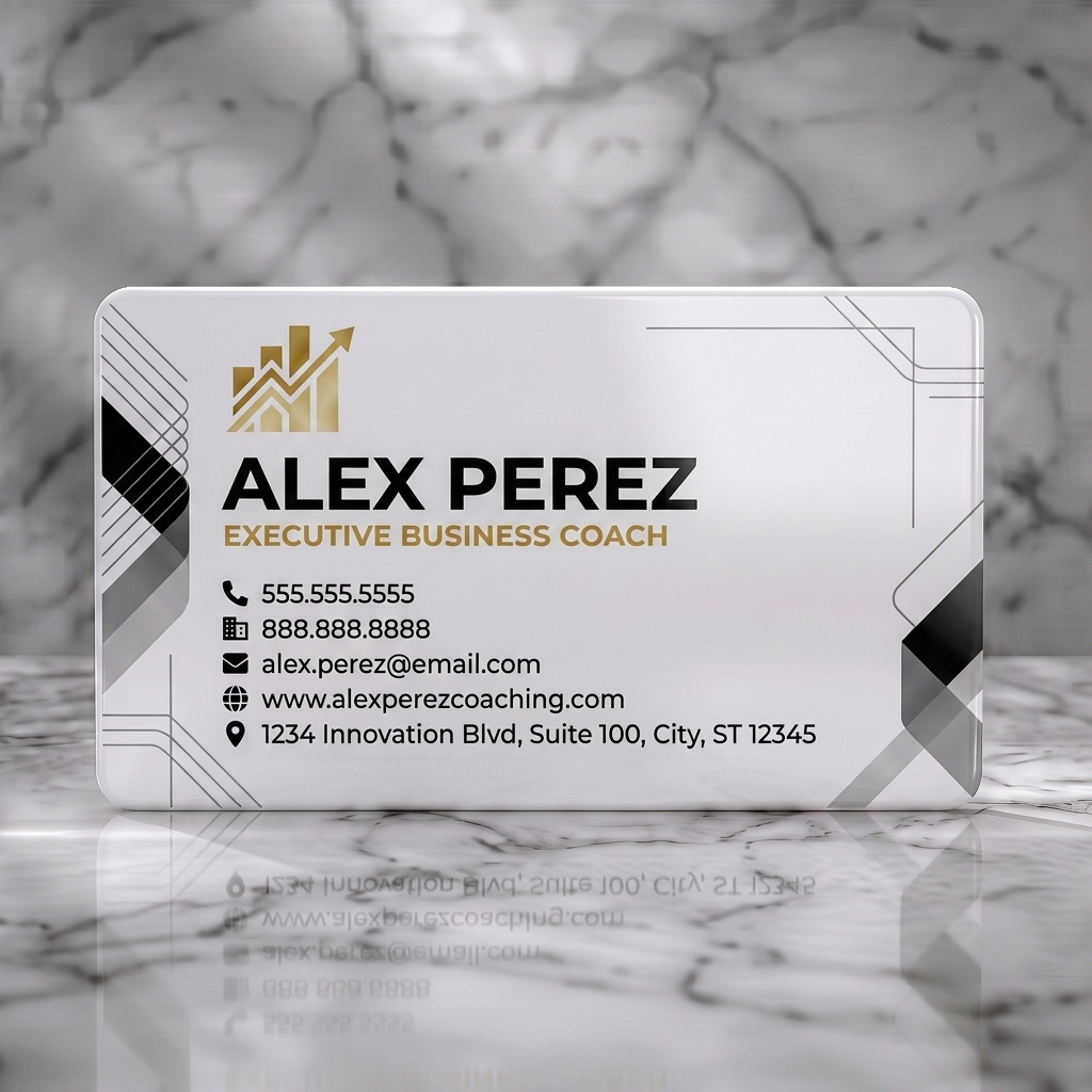 Solid white PVC business card featuring geometric gold/black patterns, a gold growth logo, crisp sans-serif black and pink text