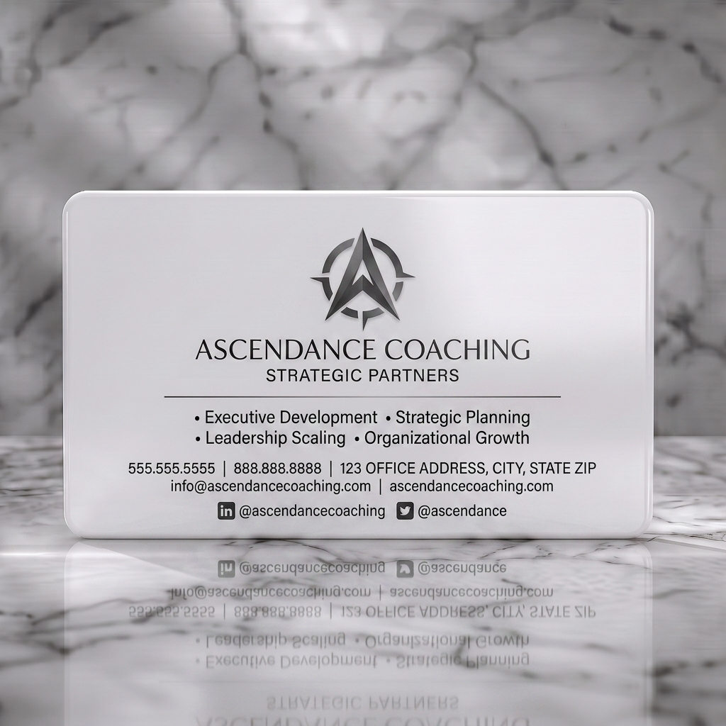 Solid white PVC business card featuring clean, professional design with a metallic compass 'A' logo, elegant typography, and social icons