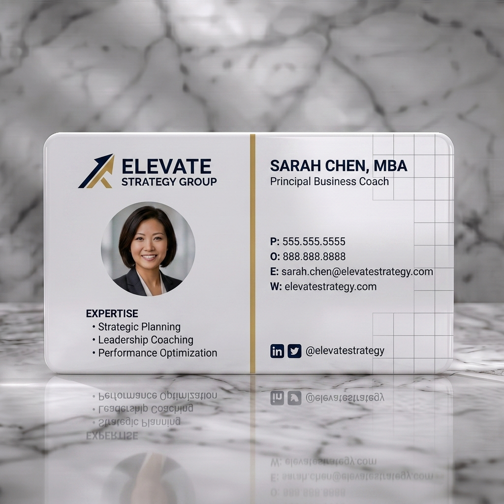 Solid white PVC business card featuring a professional two-tone design in navy and light grey, gold logo accent, sans-serif typography, and social icons