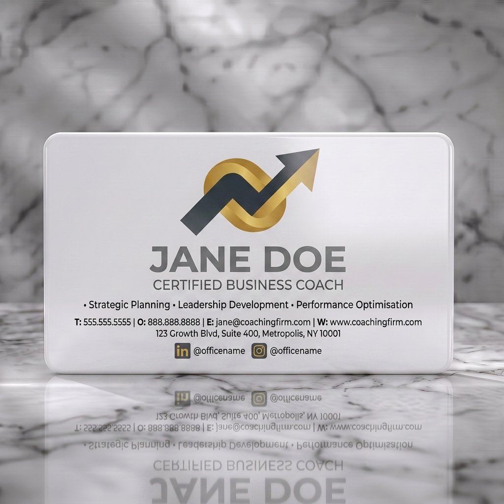 Solid white PVC business card featuring a bold gold and dark gray growth logo, clean sans-serif typography, and social media icons