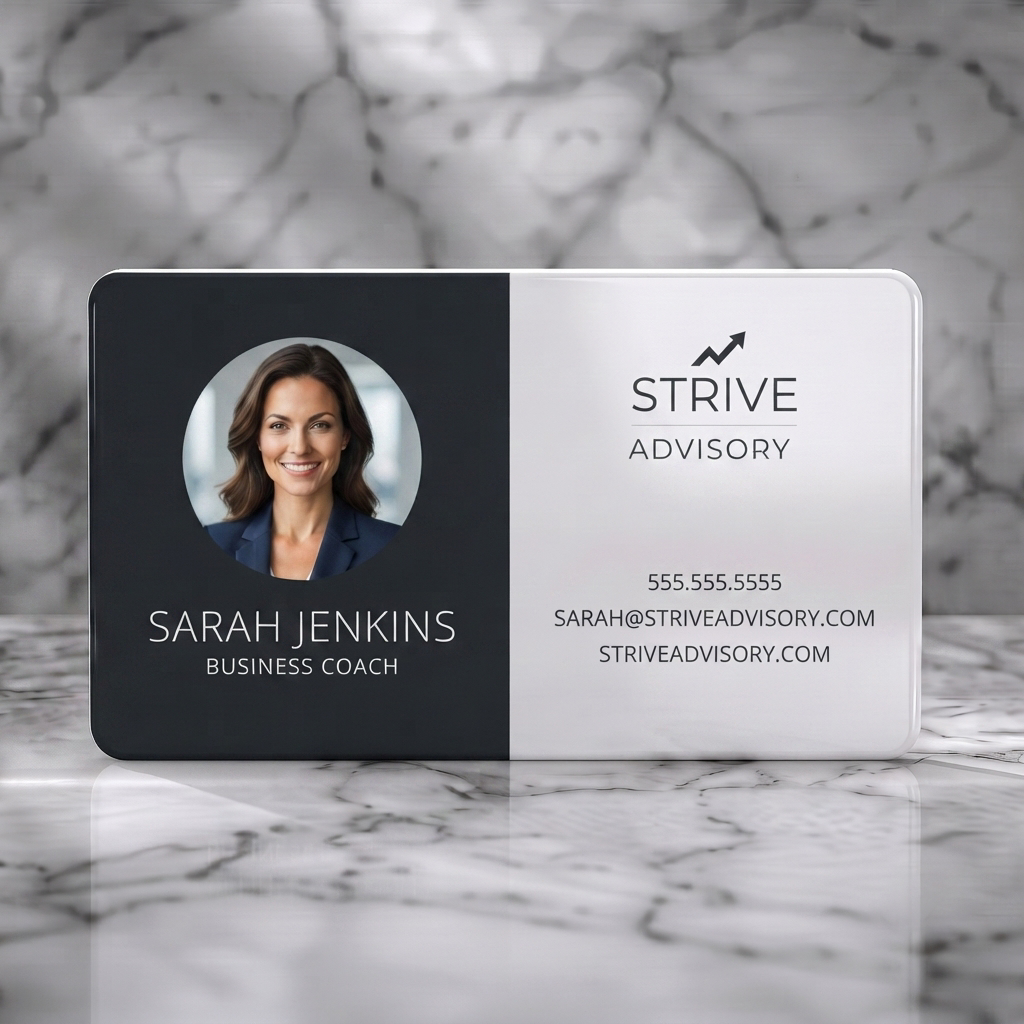 Solid white PVC business card featuring clean, dual-tone design in charcoal and white, professional photo, sans-serif typography, and growth icon