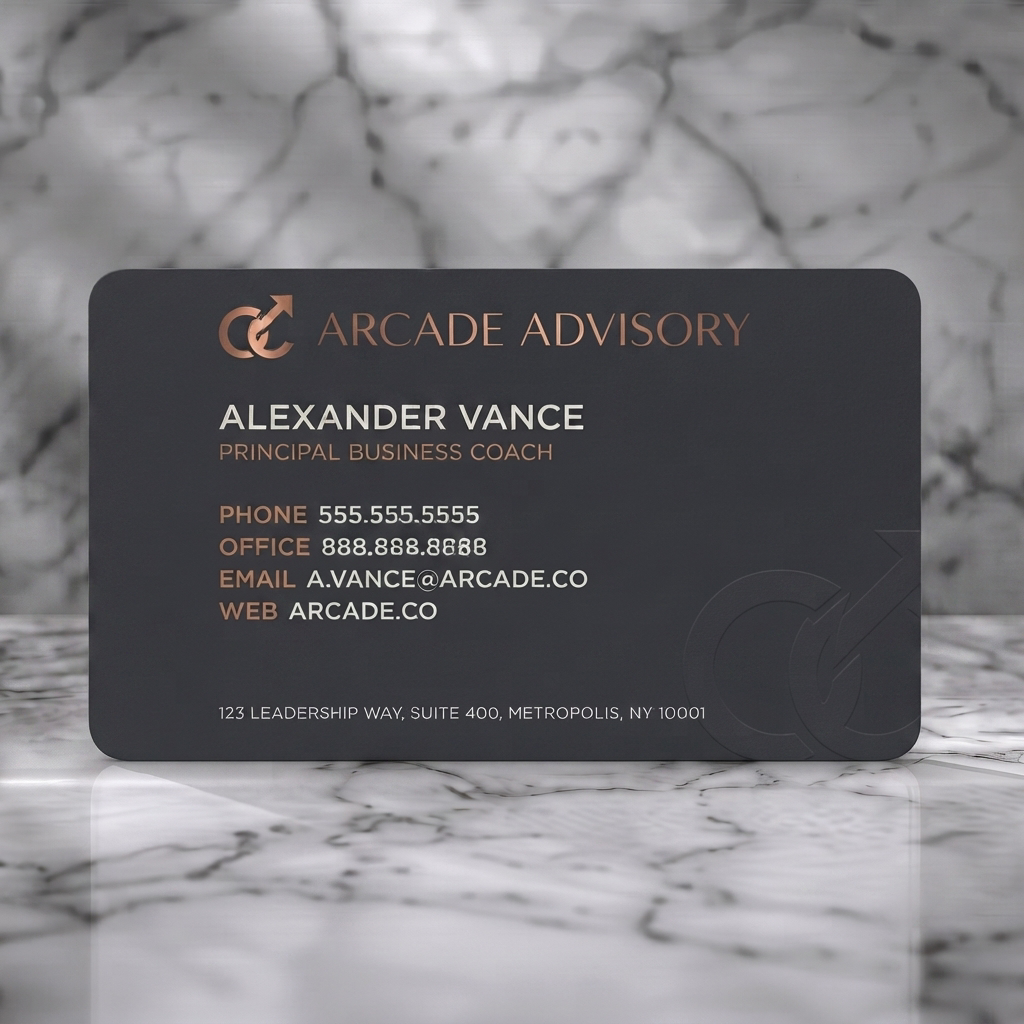 Solid white PVC business card featuring modern charcoal and copper design, clean sans-serif fonts, and a subtle embossed growth logo